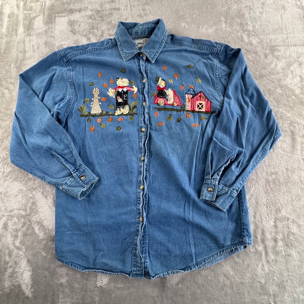 Embroidered Denim Shirt Size S Blue Fall Farm Tractor Barn Country Button Front